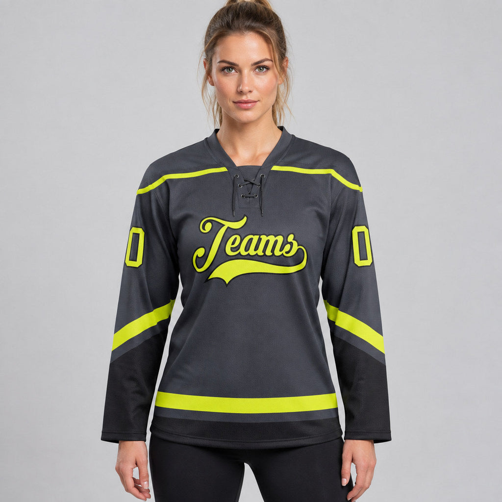 Custom Steel Gray Lace Neck Hockey Jersey with Neon Yellow and Black Lettering worn by female model
