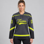 Custom Steel Gray Lace Neck Hockey Jersey with Neon Yellow and Black Lettering worn by female model