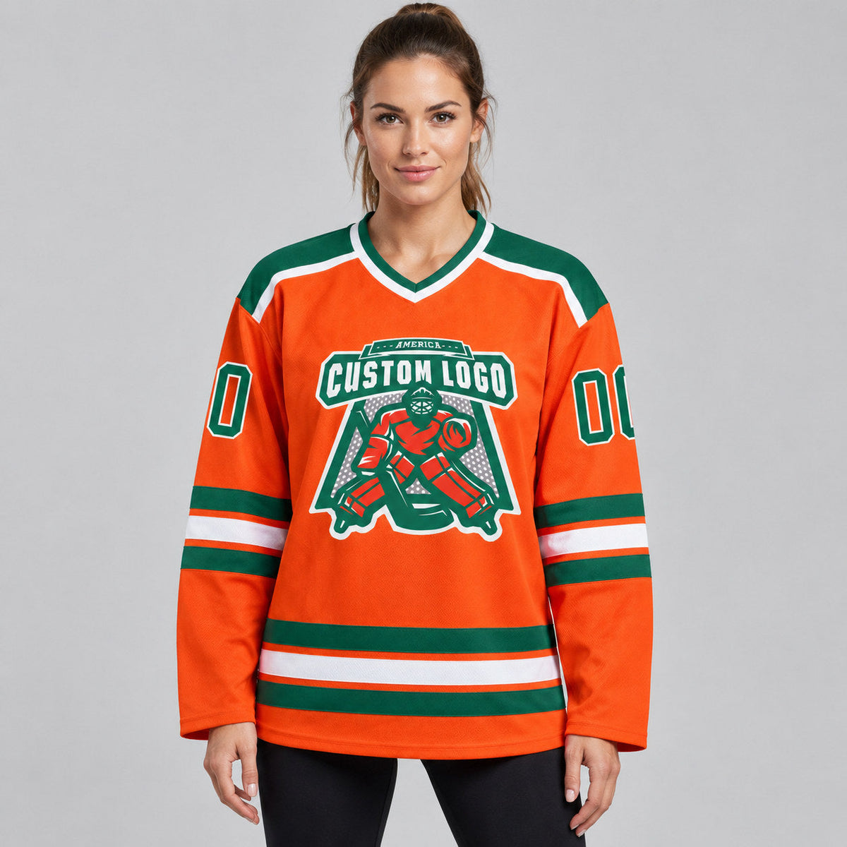 Custom Orange Hockey Jersey with Kelly Green and White Lettering Design 0242 worn by female model