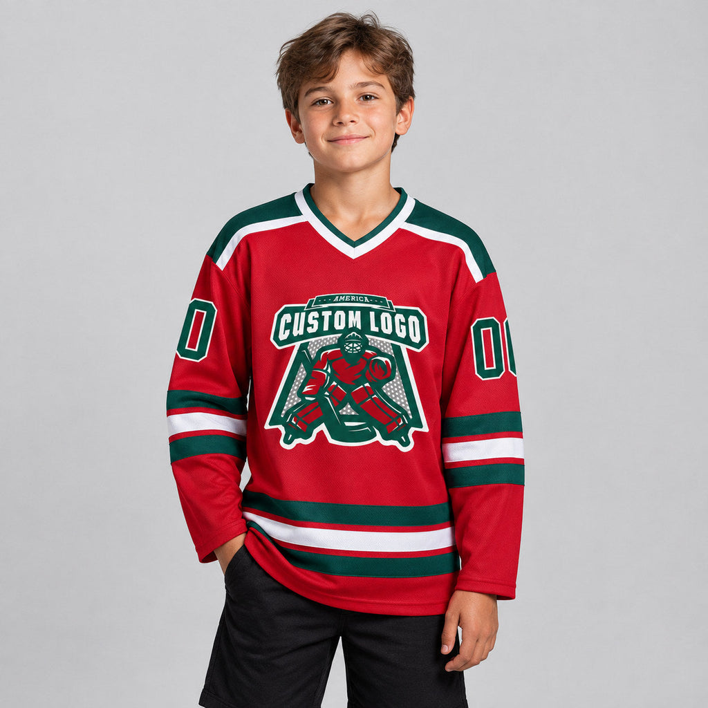 Custom Red Hockey Jersey with Green and White Lettering youth size worn by child model