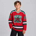 Custom Red Hockey Jersey with Green and White Lettering youth size worn by child model