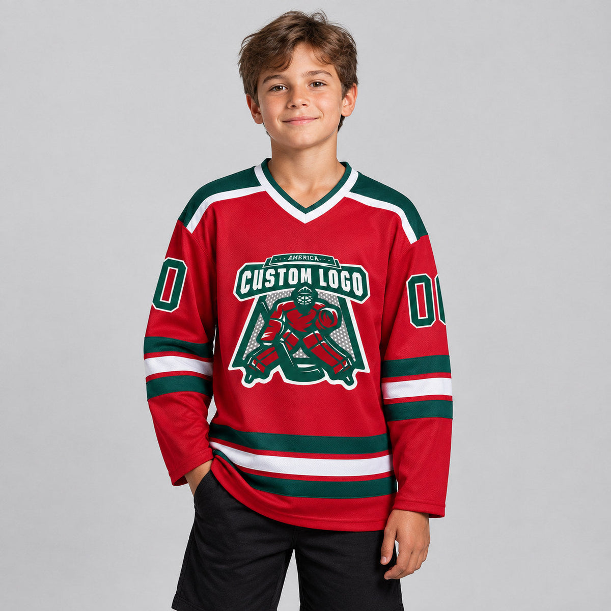 Custom Red Hockey Jersey with Green and White Lettering youth size worn by child model