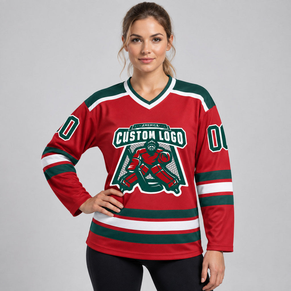 Custom Red Hockey Jersey with Green and White Lettering worn by female model