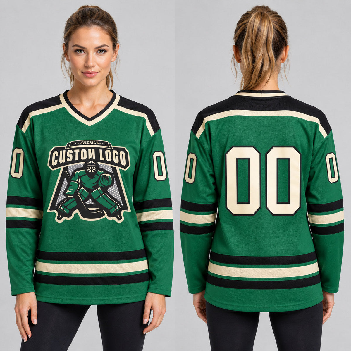 Custom Kelly Green Hockey Jersey with Cream and Black Lettering Design 0278 worn by female model