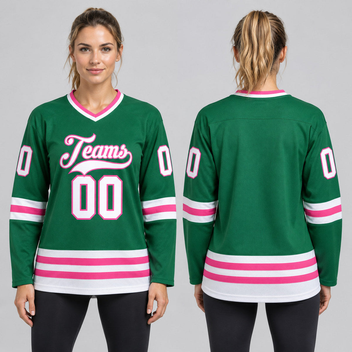 Custom Kelly Green Hockey Jersey with White and Pink Lettering worn by female model