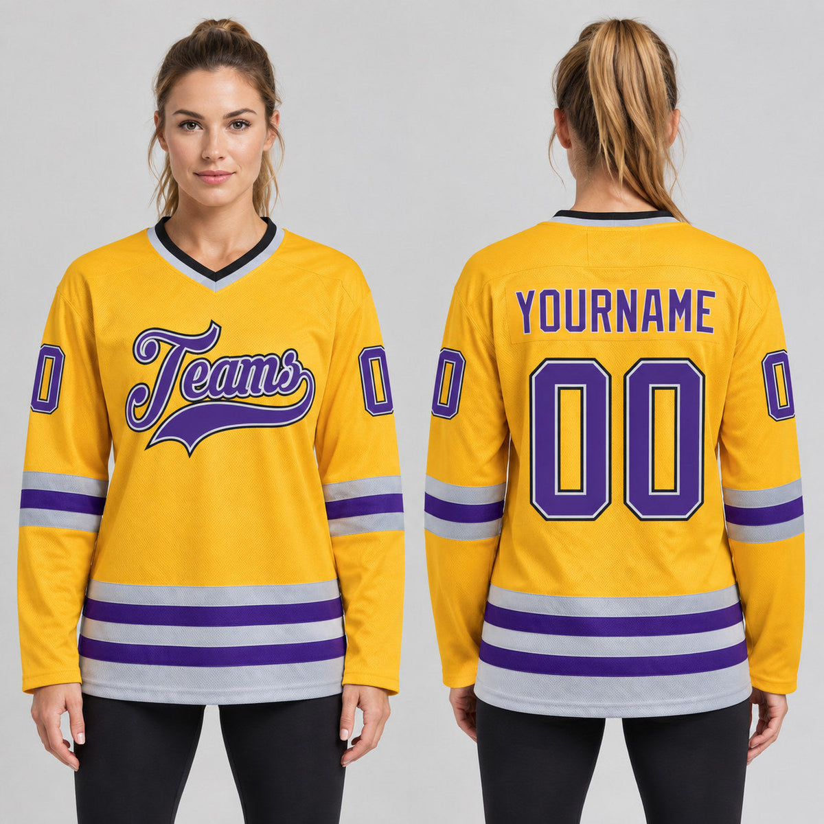 Custom Gold Hockey Jersey with Purple and Gray Lettering worn by female model