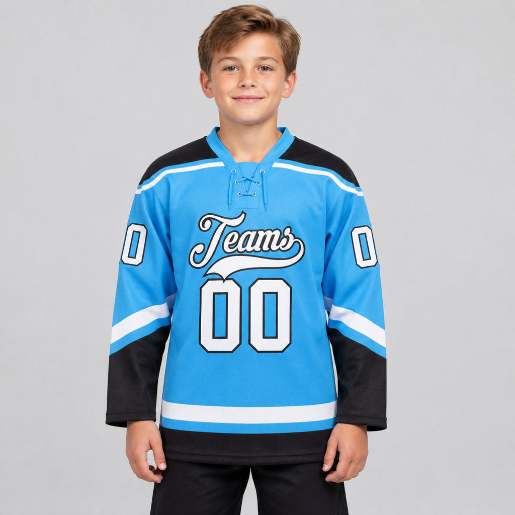 Custom Sky Blue Lace Neck Hockey Jersey with White and Black Lettering youth size worn by child model