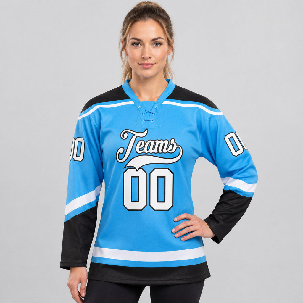 Custom Sky Blue Lace Neck Hockey Jersey with White and Black Lettering worn by female model