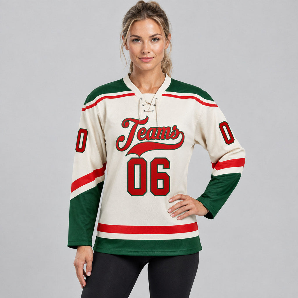 Custom Cream Lace Neck Hockey Jersey with Red and Green Lettering Design 0566 worn by female model