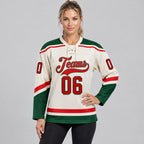 Custom Cream Lace Neck Hockey Jersey with Red and Green Lettering Design 0566 worn by female model