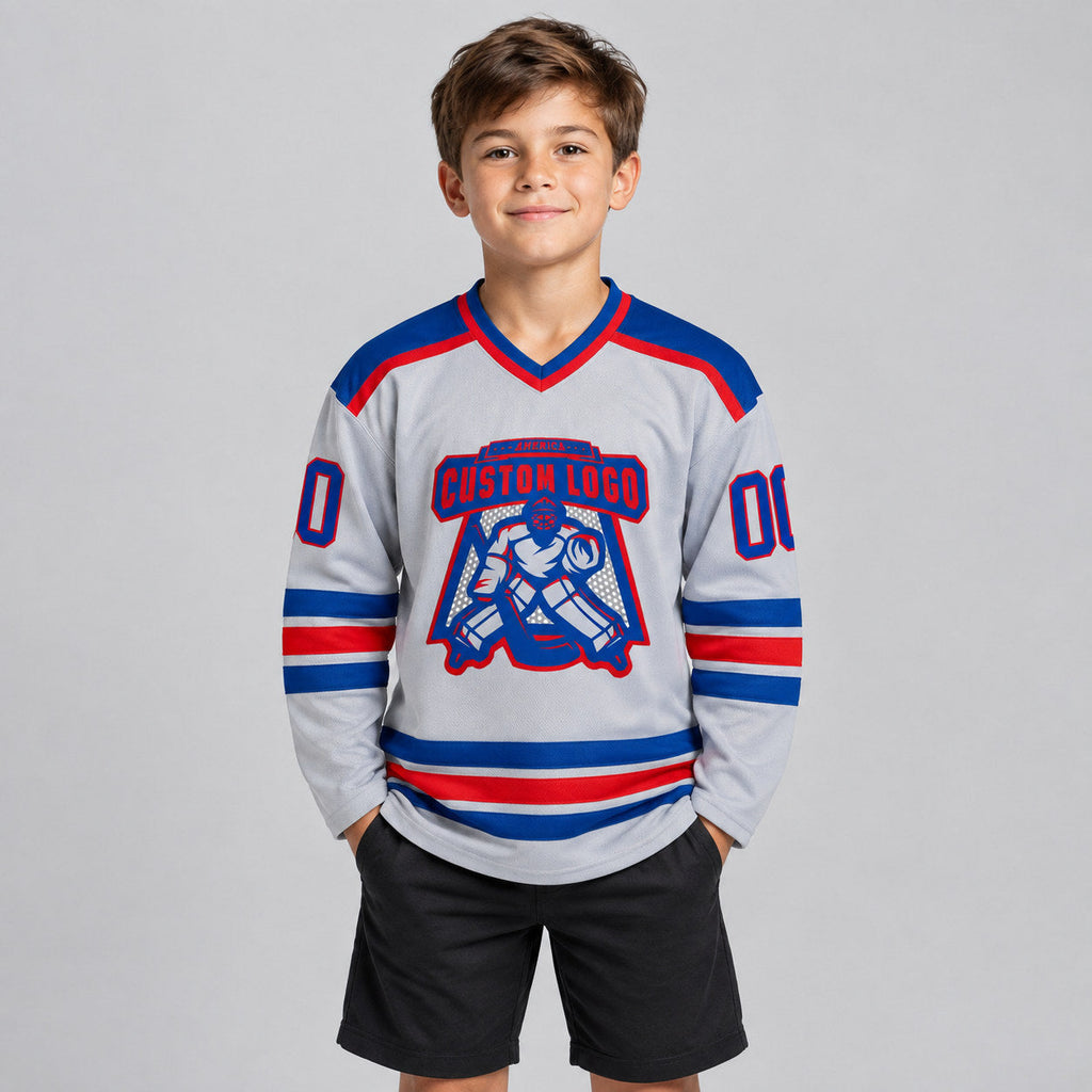 Custom Gray Hockey Jersey with Royal and Red Lettering youth size worn by child model