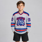 Custom Gray Hockey Jersey with Royal and Red Lettering youth size worn by child model