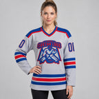 Custom Gray Hockey Jersey with Royal and Red Lettering worn by female model