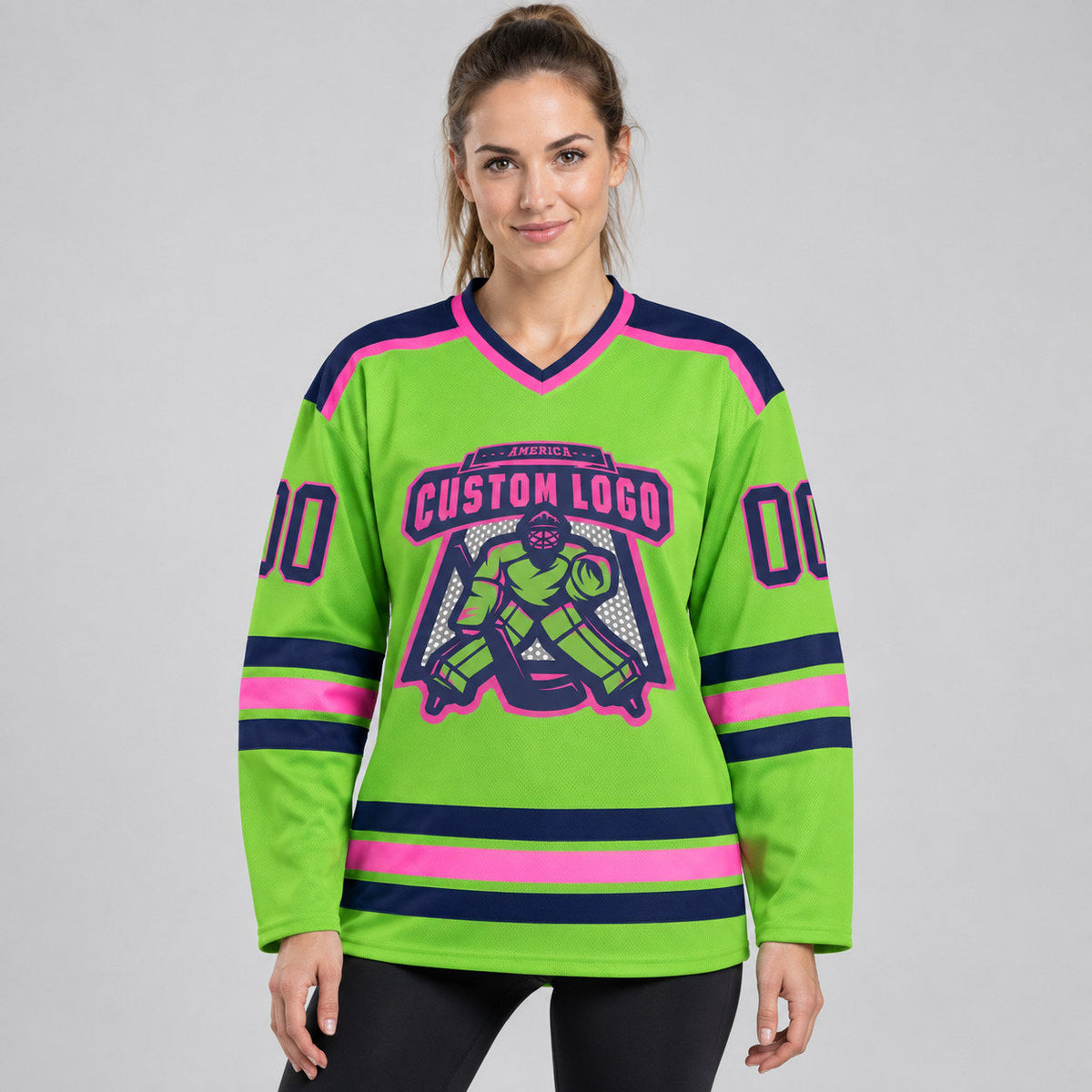 Custom Neon Green Hockey Jersey with Navy and Pink Lettering worn by female model