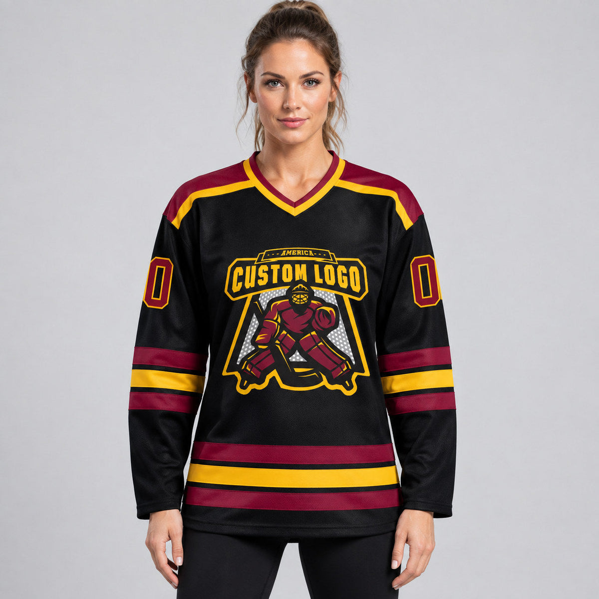 Custom Black Hockey Jersey with Maroon and Gold Lettering Design 1033 worn by female model