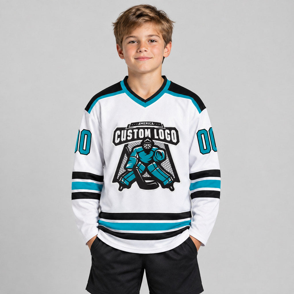 Custom White Hockey Jersey with Aqua and Black Lettering Design 1060 youth size worn by child model