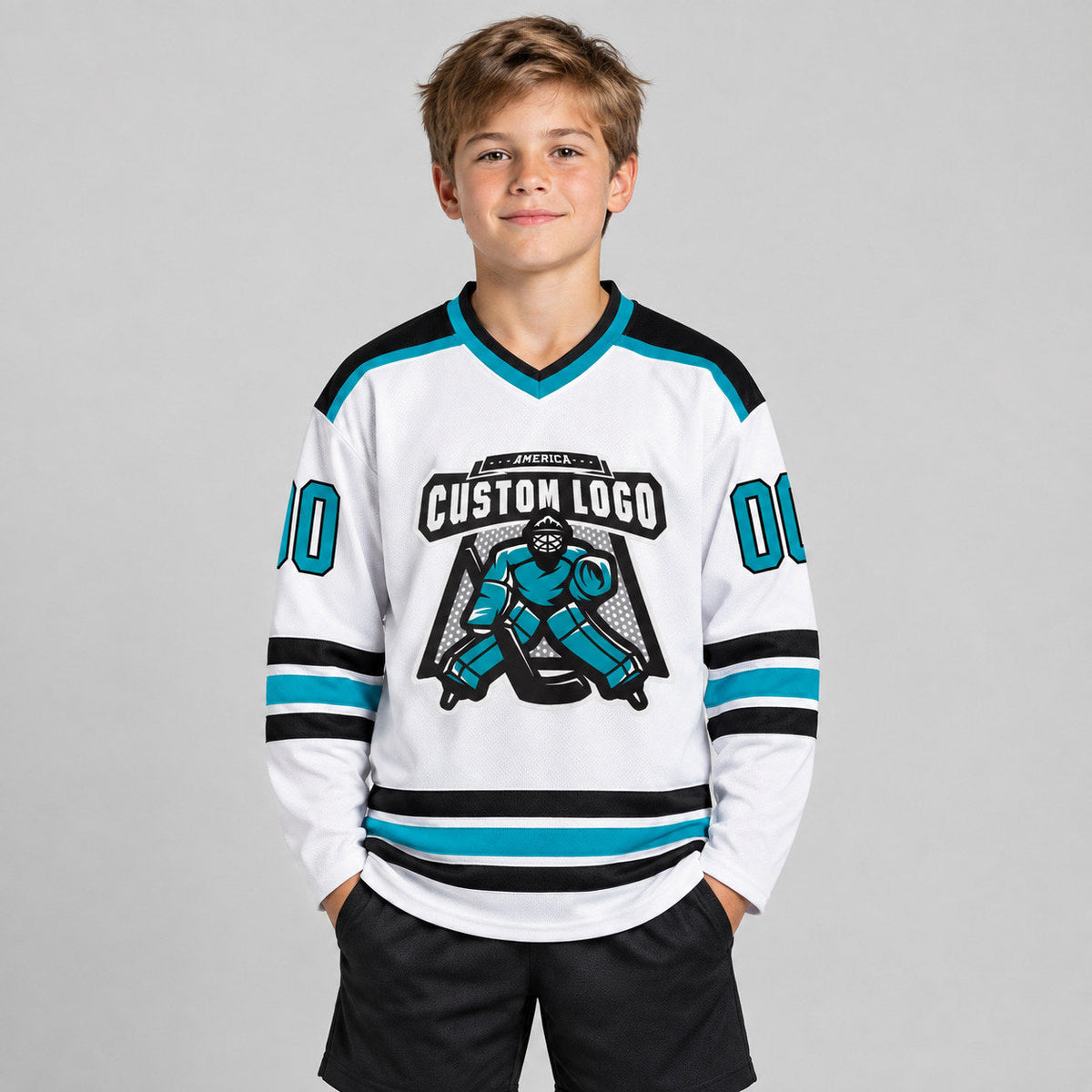 Custom White Hockey Jersey with Aqua and Black Lettering Design 1060 youth size worn by child model