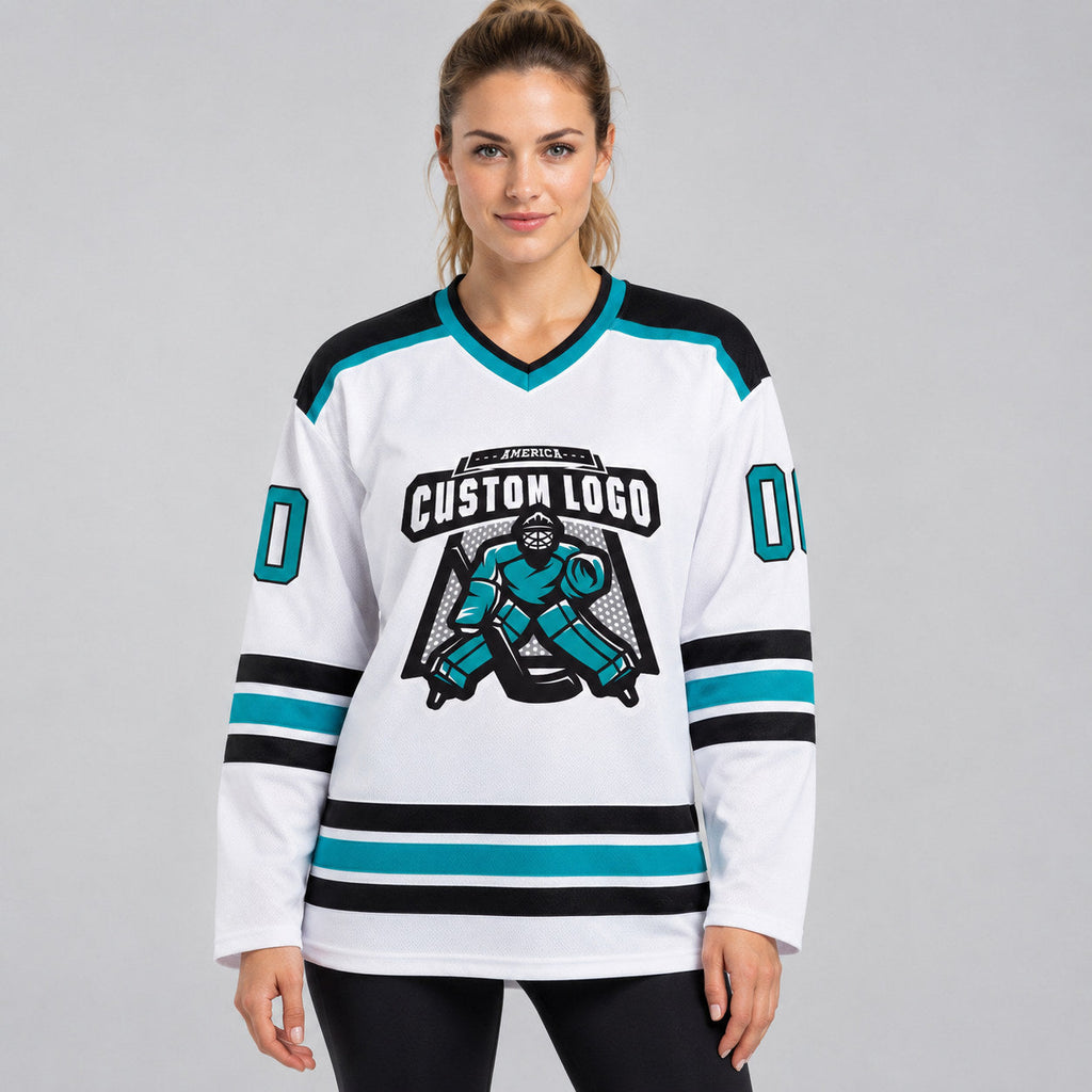 Custom White Hockey Jersey with Aqua and Black Lettering Design 1060 worn by female model