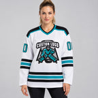 Custom White Hockey Jersey with Aqua and Black Lettering Design 1060 worn by female model