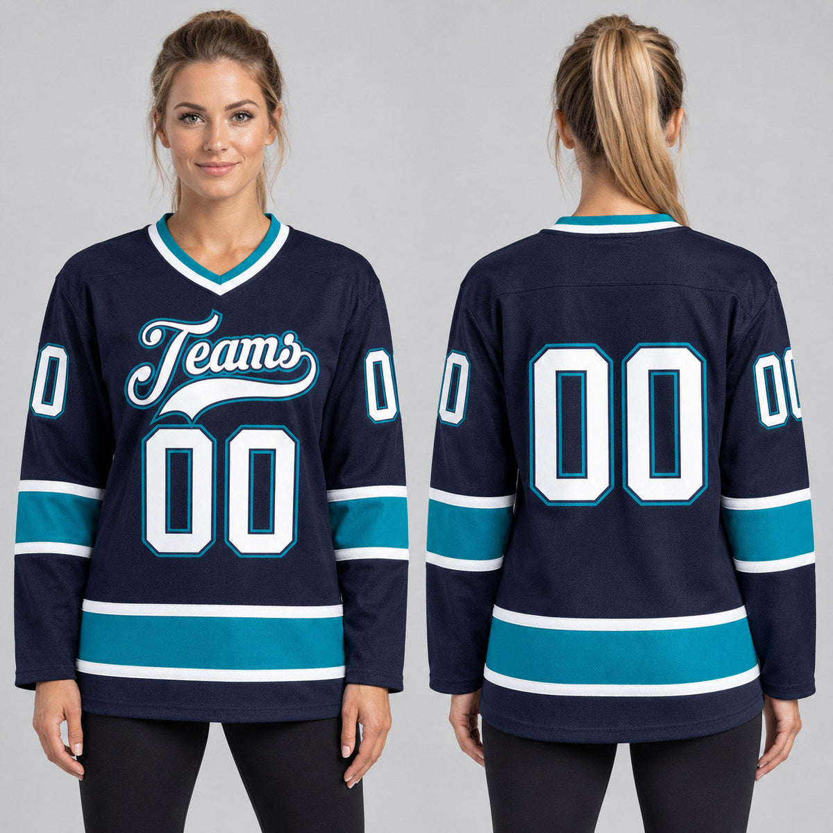Custom Navy Hockey Jersey with White and Teal Lettering worn by female model