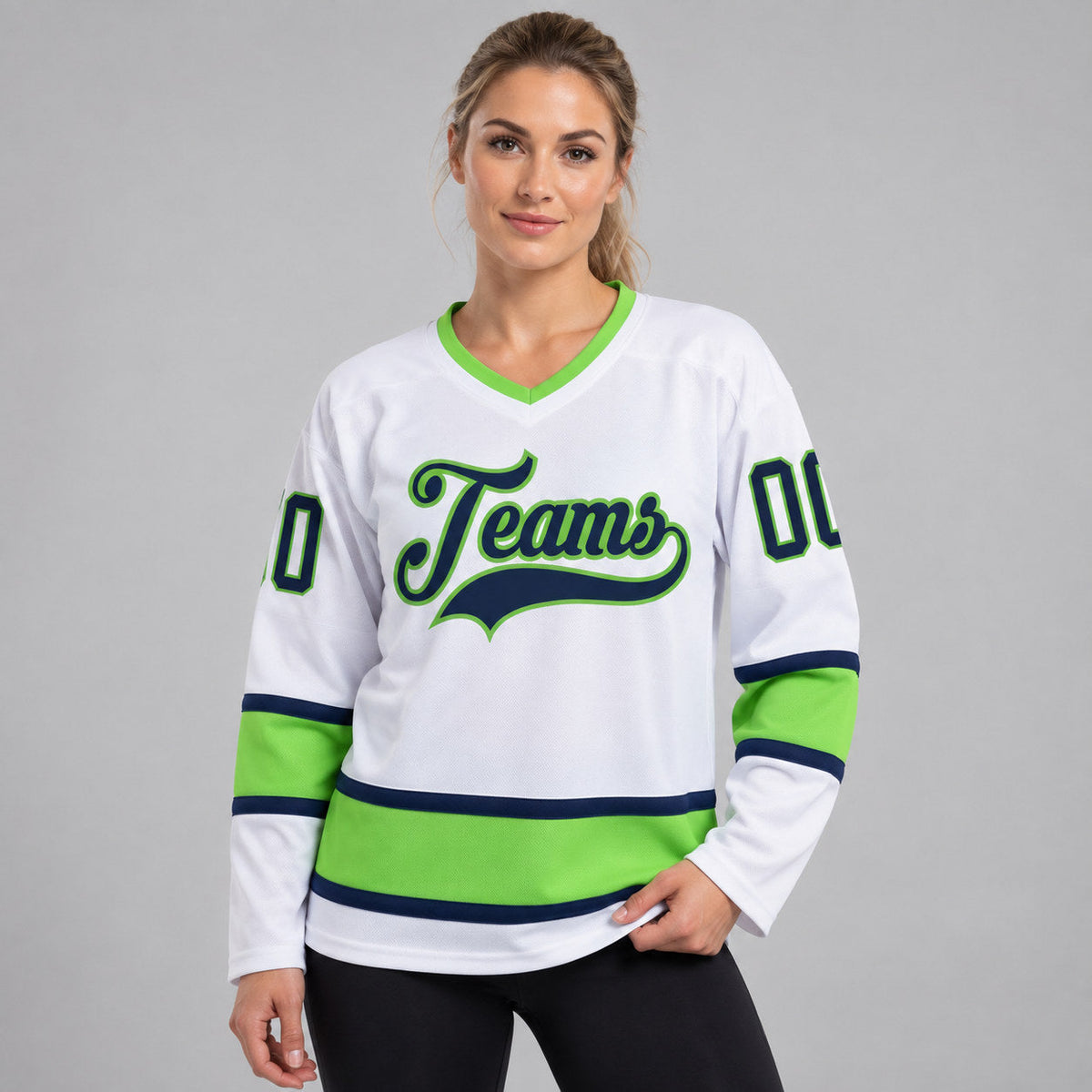 Custom White Hockey Jersey with Navy and Neon Green Lettering Design 0683 worn by female model