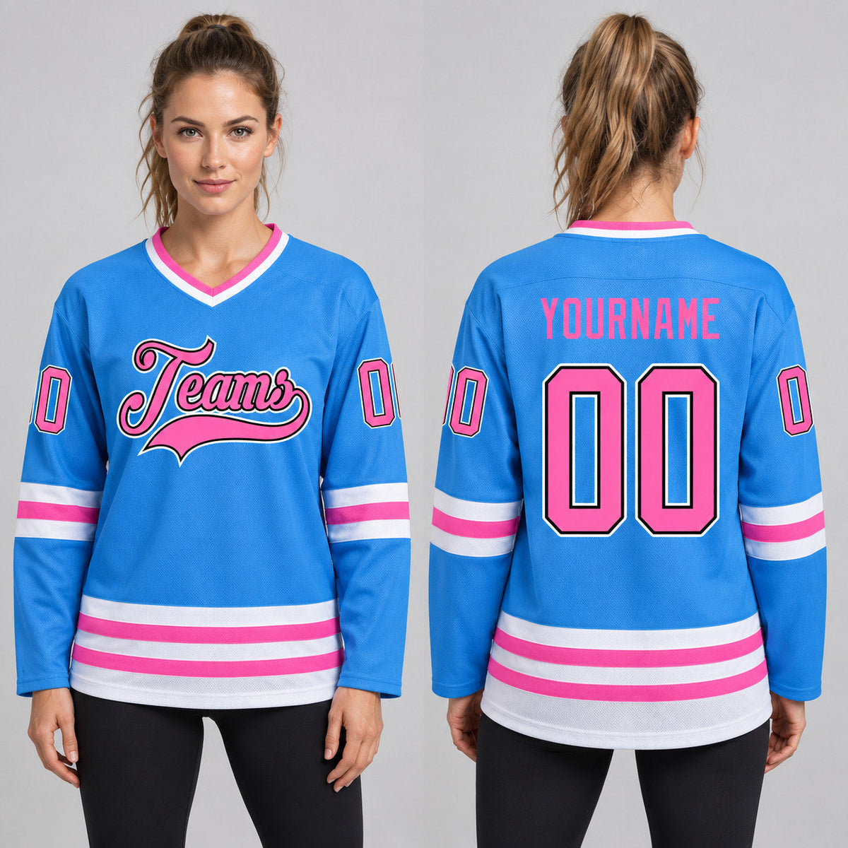 Custom Powder Blue Hockey Jersey with Pink and Black Lettering worn by female model