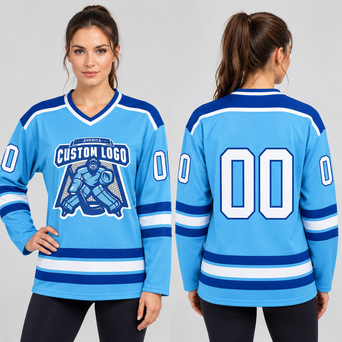 Custom Sky Blue Hockey Jersey with White and Royal Lettering worn by female model