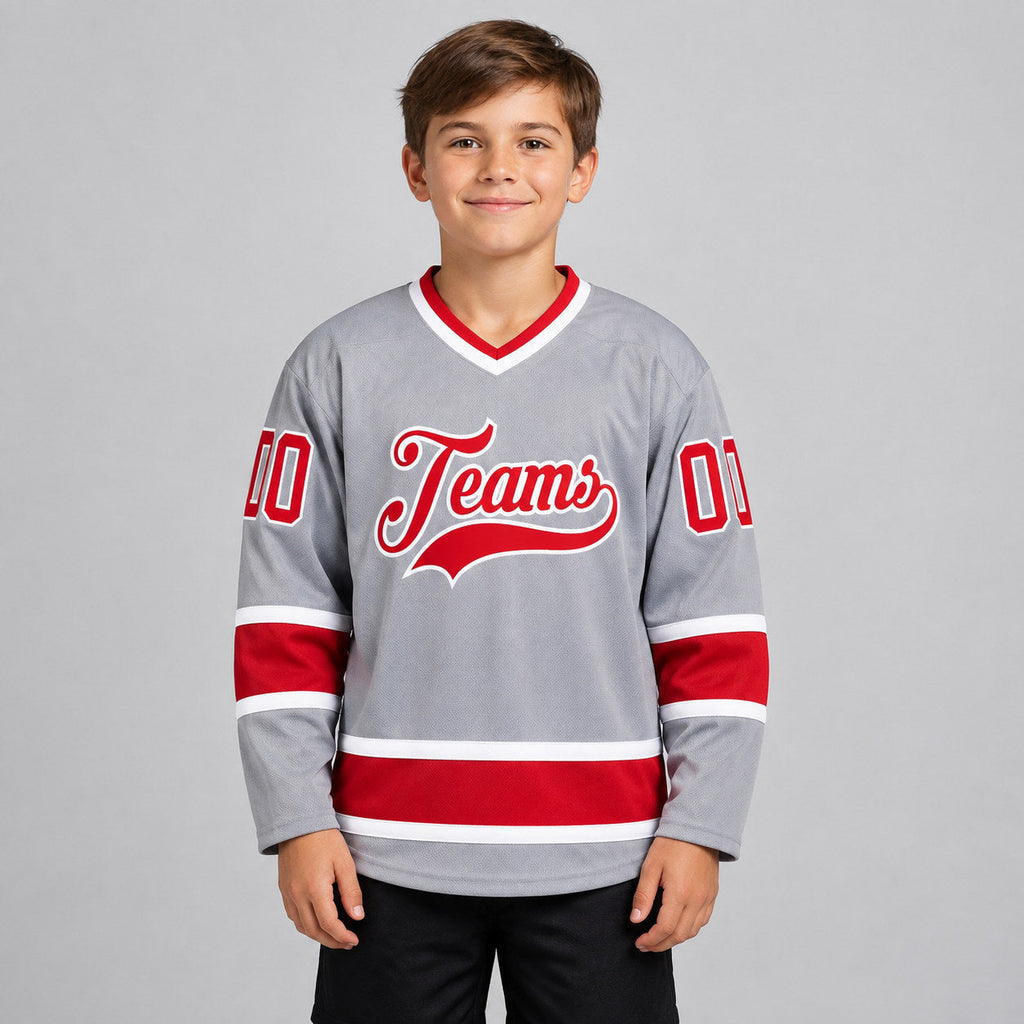 Custom Gray Hockey Jersey with Red and White Lettering Design 0238 youth size worn by child model