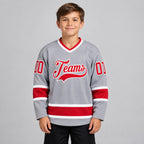 Custom Gray Hockey Jersey with Red and White Lettering Design 0238 youth size worn by child model