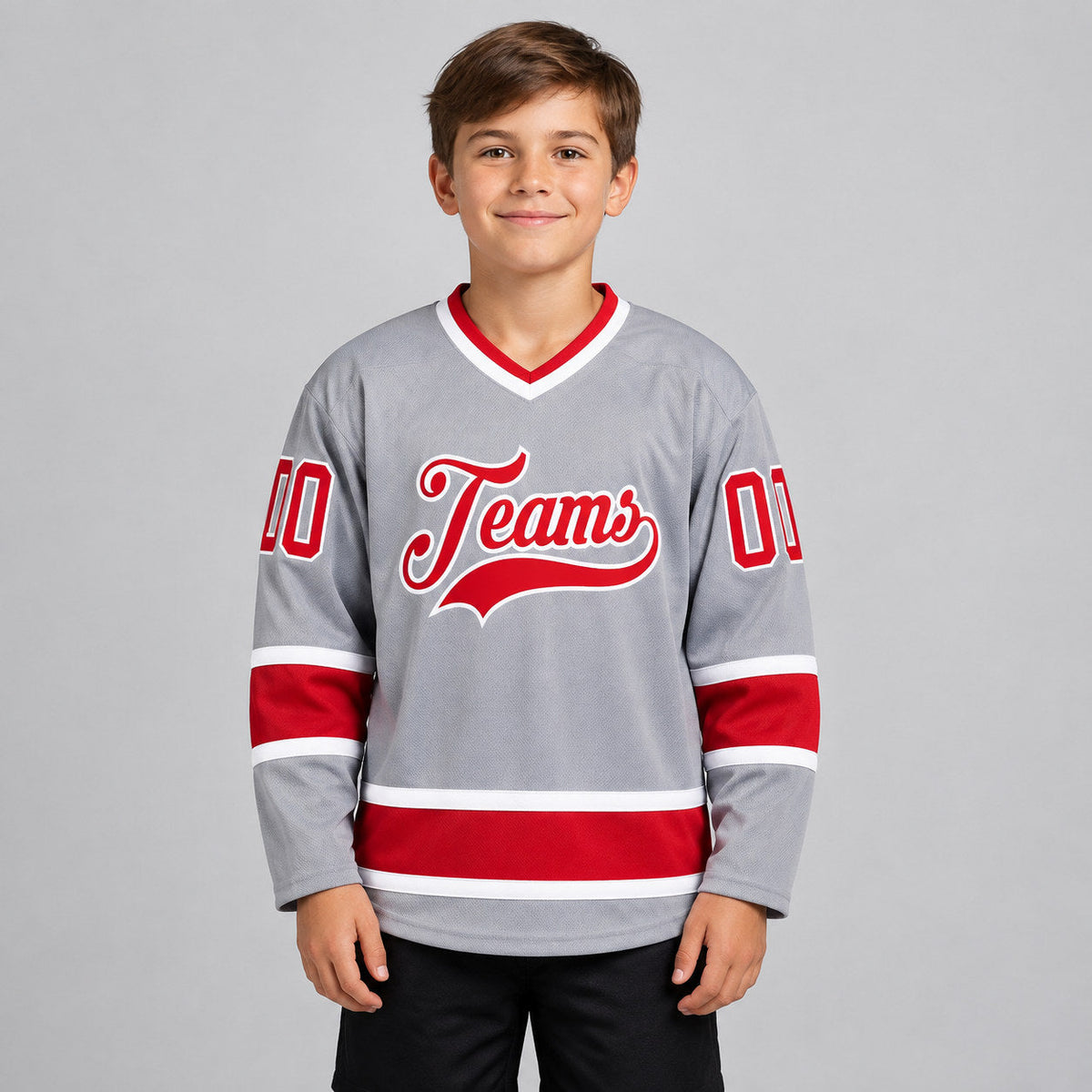 Custom Gray Hockey Jersey with Red and White Lettering Design 0238 youth size worn by child model