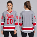 Custom Gray Hockey Jersey with Red and White Lettering Design 0238 worn by female model