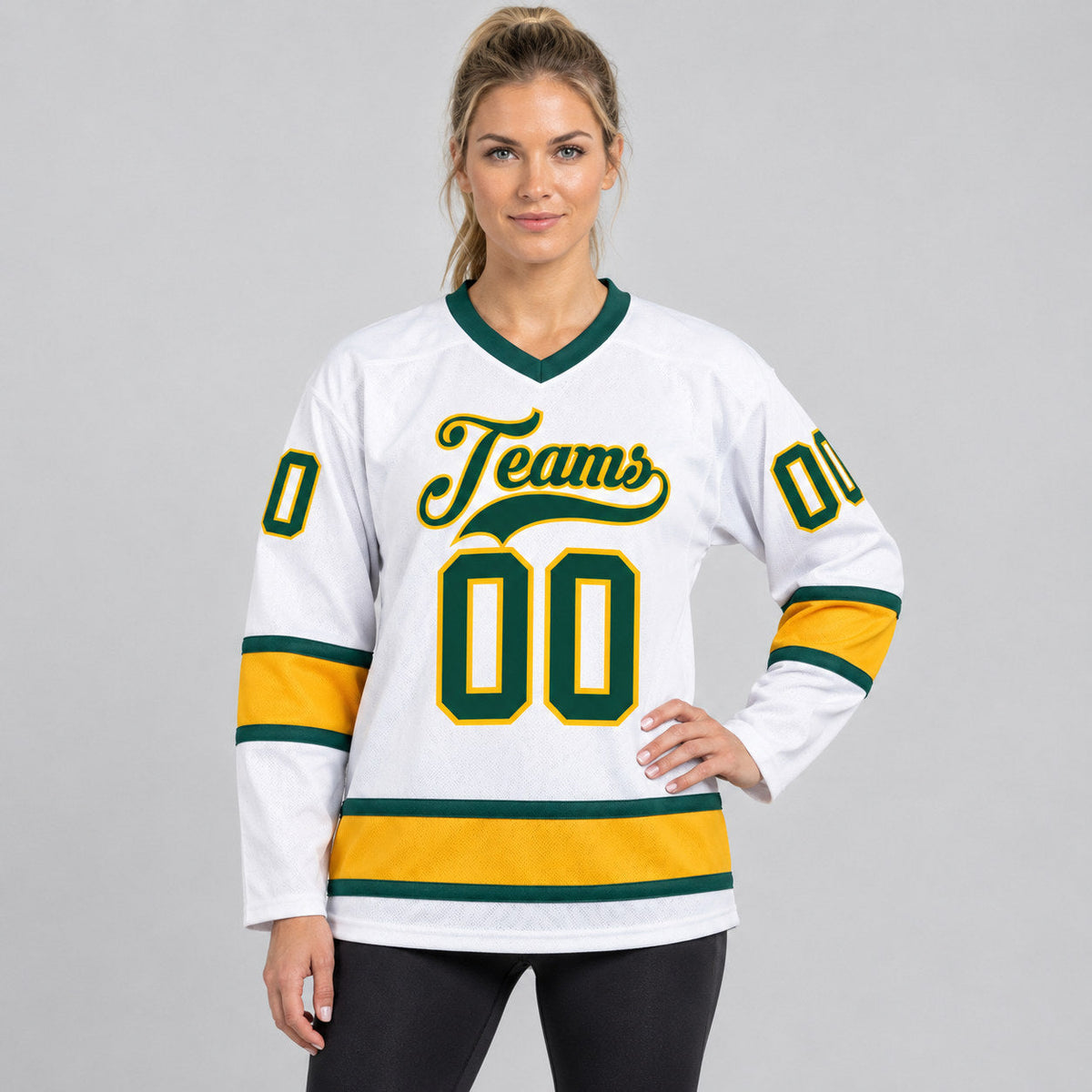 Custom White Hockey Jersey with Green and Gold Lettering Design 0670 worn by female model