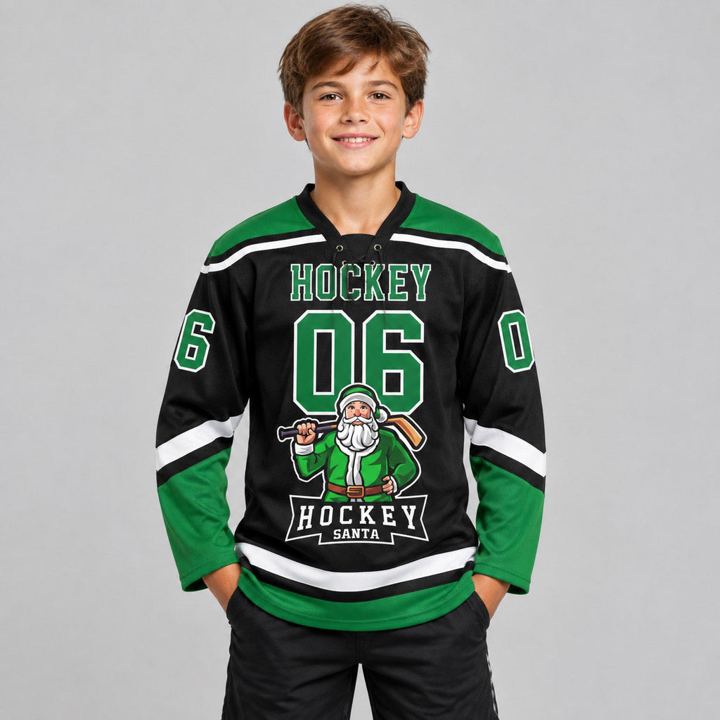 Custom Black Christmas Santa Claus Lace Neck Hockey Jersey with Grass Green and White Lettering Design 1823 youth size worn by child model