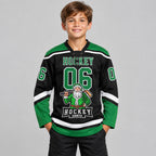 Custom Black Christmas Santa Claus Lace Neck Hockey Jersey with Grass Green and White Lettering Design 1823 youth size worn by child model