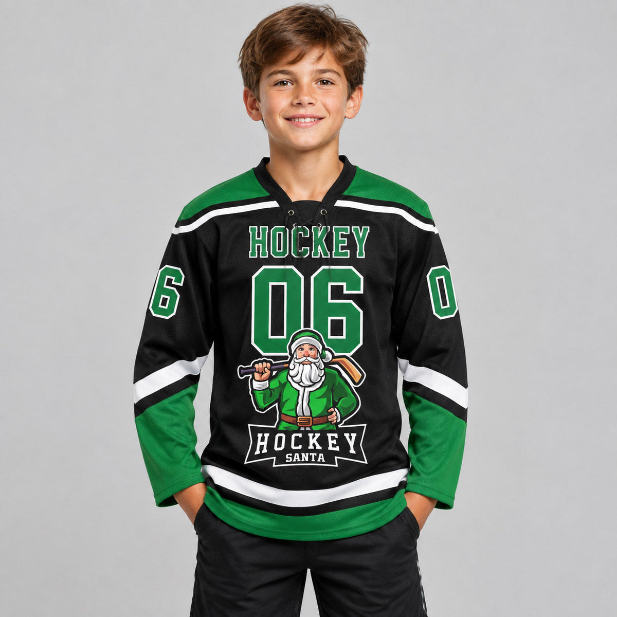 Custom Black Christmas Santa Claus Lace Neck Hockey Jersey with Grass Green and White Lettering Design 1823 youth size worn by child model