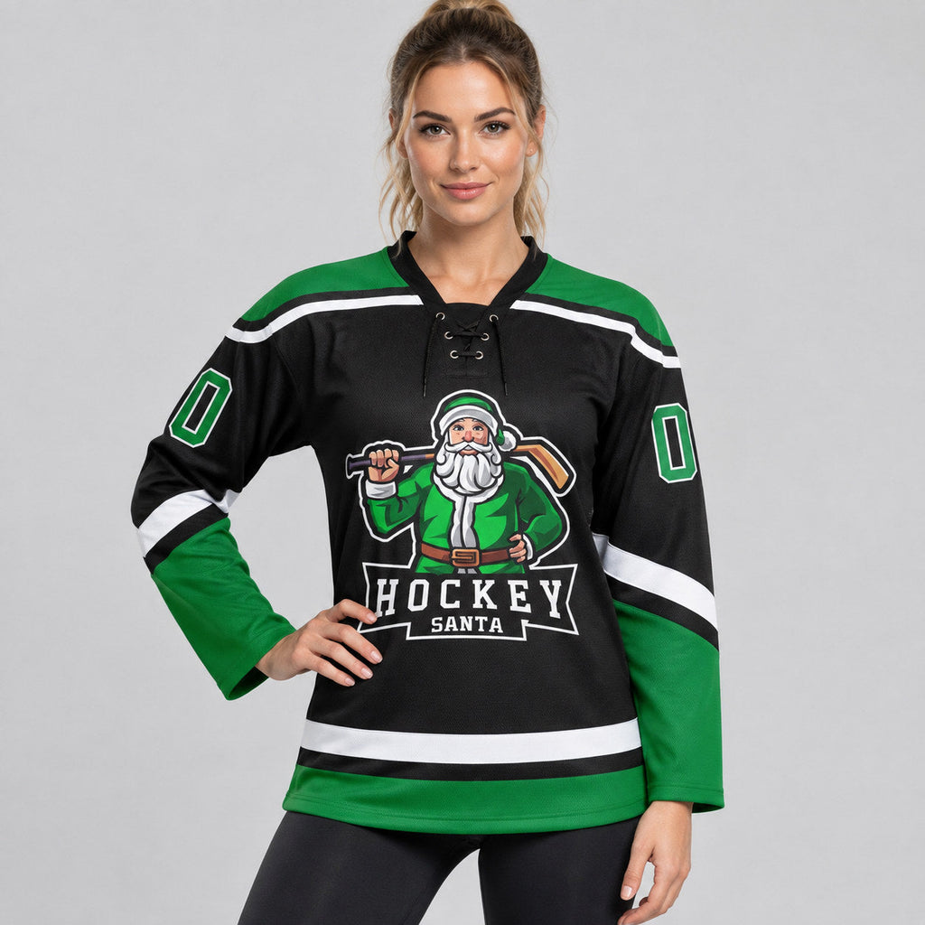Custom Black Christmas Santa Claus Lace Neck Hockey Jersey with Grass Green and White Lettering Design 1823 worn by female model