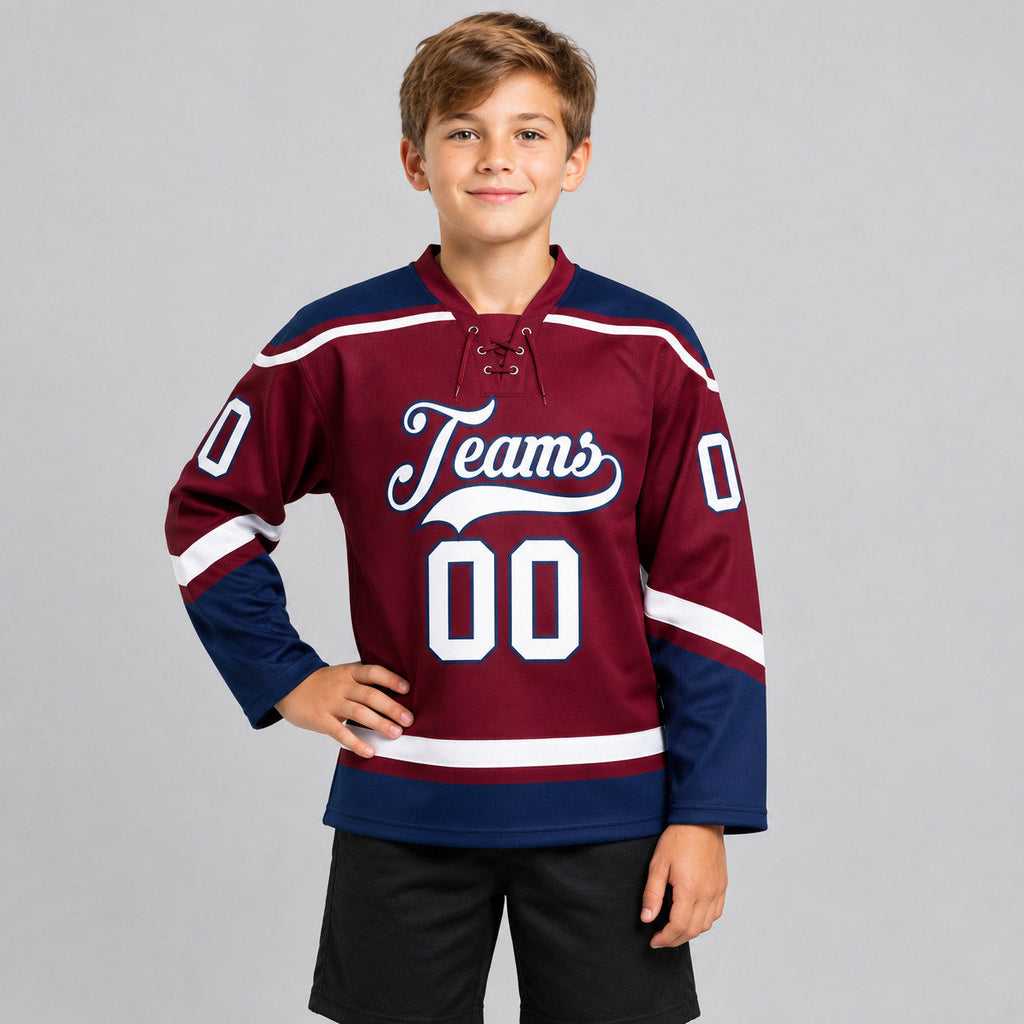 Custom Burgundy Lace Neck Hockey Jersey with White and Navy Lettering youth size worn by child model