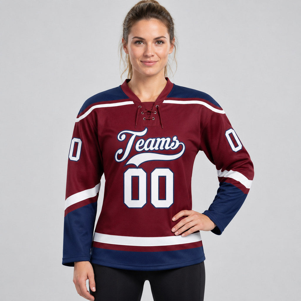 Custom Burgundy Lace Neck Hockey Jersey with White and Navy Lettering worn by female model