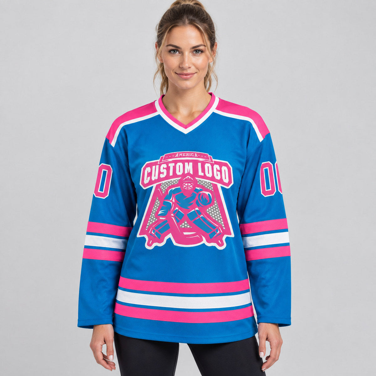 Custom Blue Hockey Jersey with Pink and White Lettering Design 0060 worn by female model