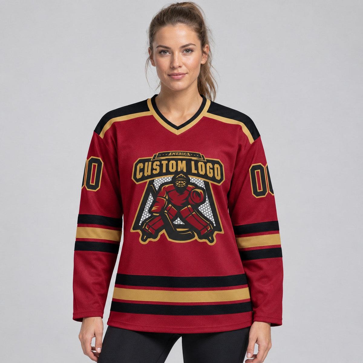 Custom Maroon Hockey Jersey with Black and Old Gold Lettering Design 0060 worn by female model