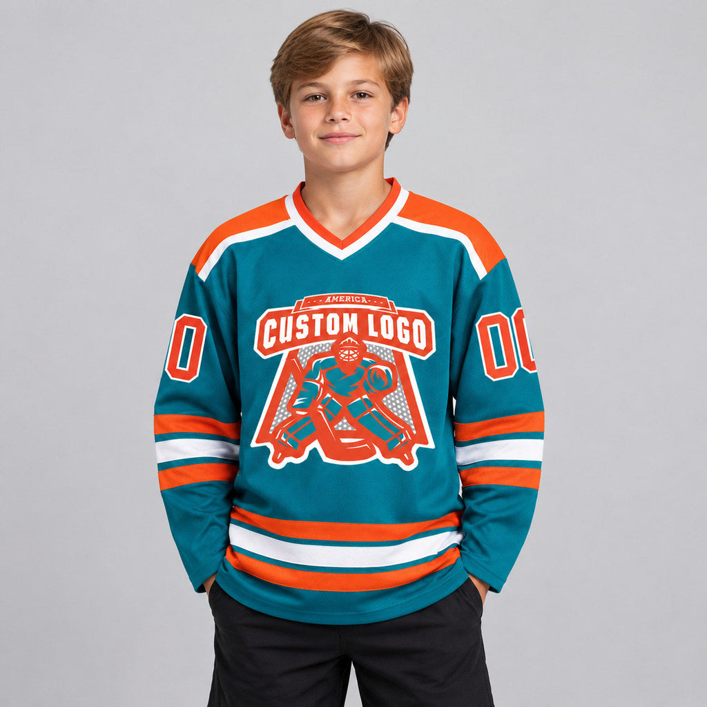 Custom Teal Hockey Jersey with Orange and White Lettering youth size worn by child model