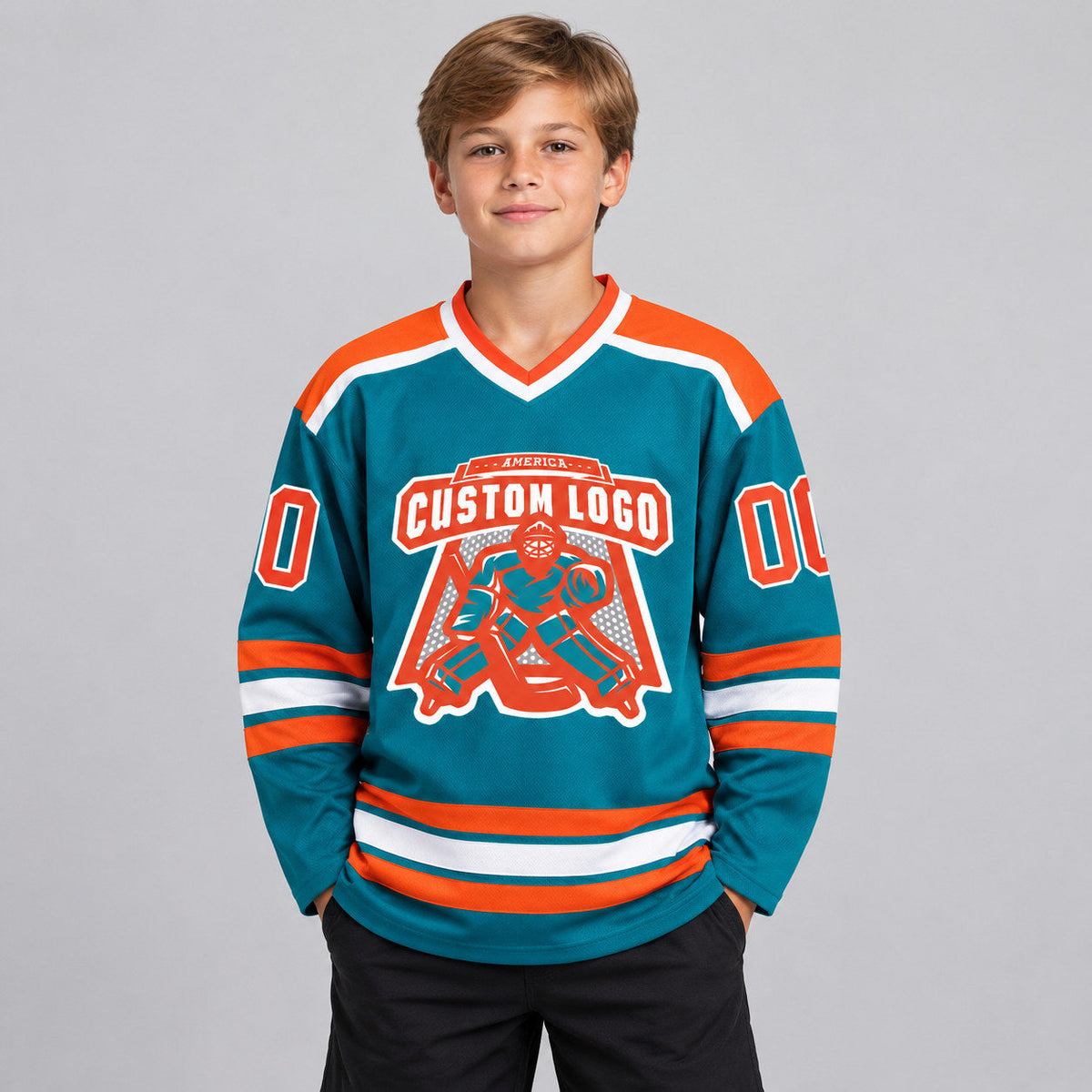 Custom Teal Hockey Jersey with Orange and White Lettering youth size worn by child model