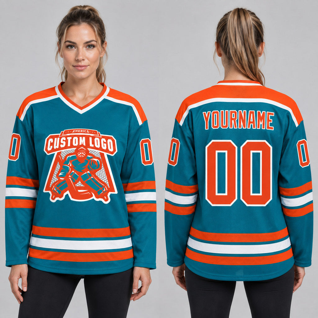 Custom Teal Hockey Jersey with Orange and White Lettering worn by female model