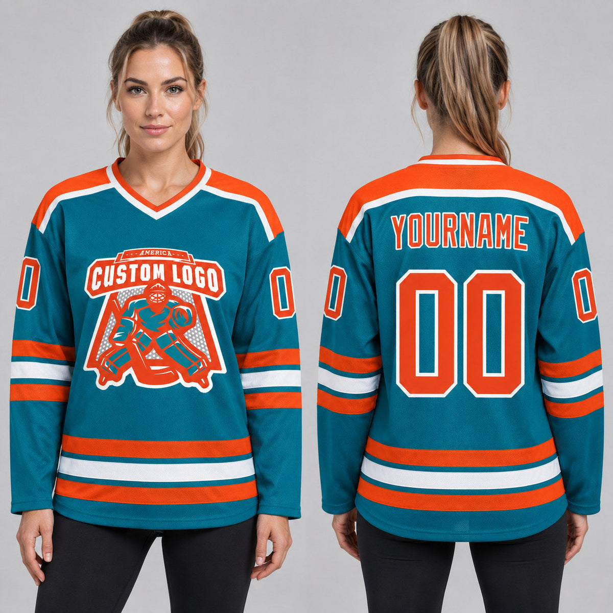 Custom Teal Hockey Jersey with Orange and White Lettering worn by female model
