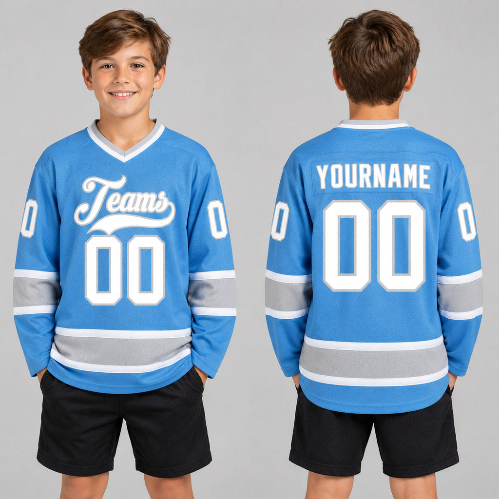 Custom Light Blue Hockey Jersey with White and Gray Lettering Design 0201 youth size worn by child model