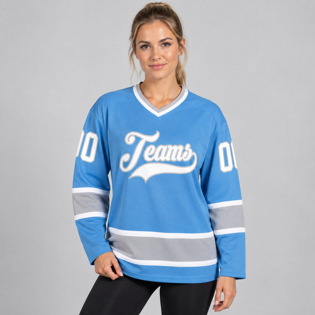 Custom Light Blue Hockey Jersey with White and Gray Lettering Design 0201 worn by female model