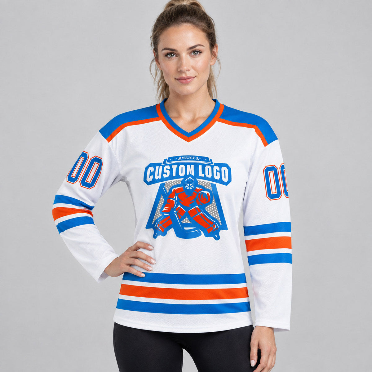 Custom White Hockey Jersey with Blue and Orange Lettering Design 1071 worn by female model