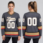 Custom Steel Gray Hockey Jersey with White and Old Gold Lettering worn by female model