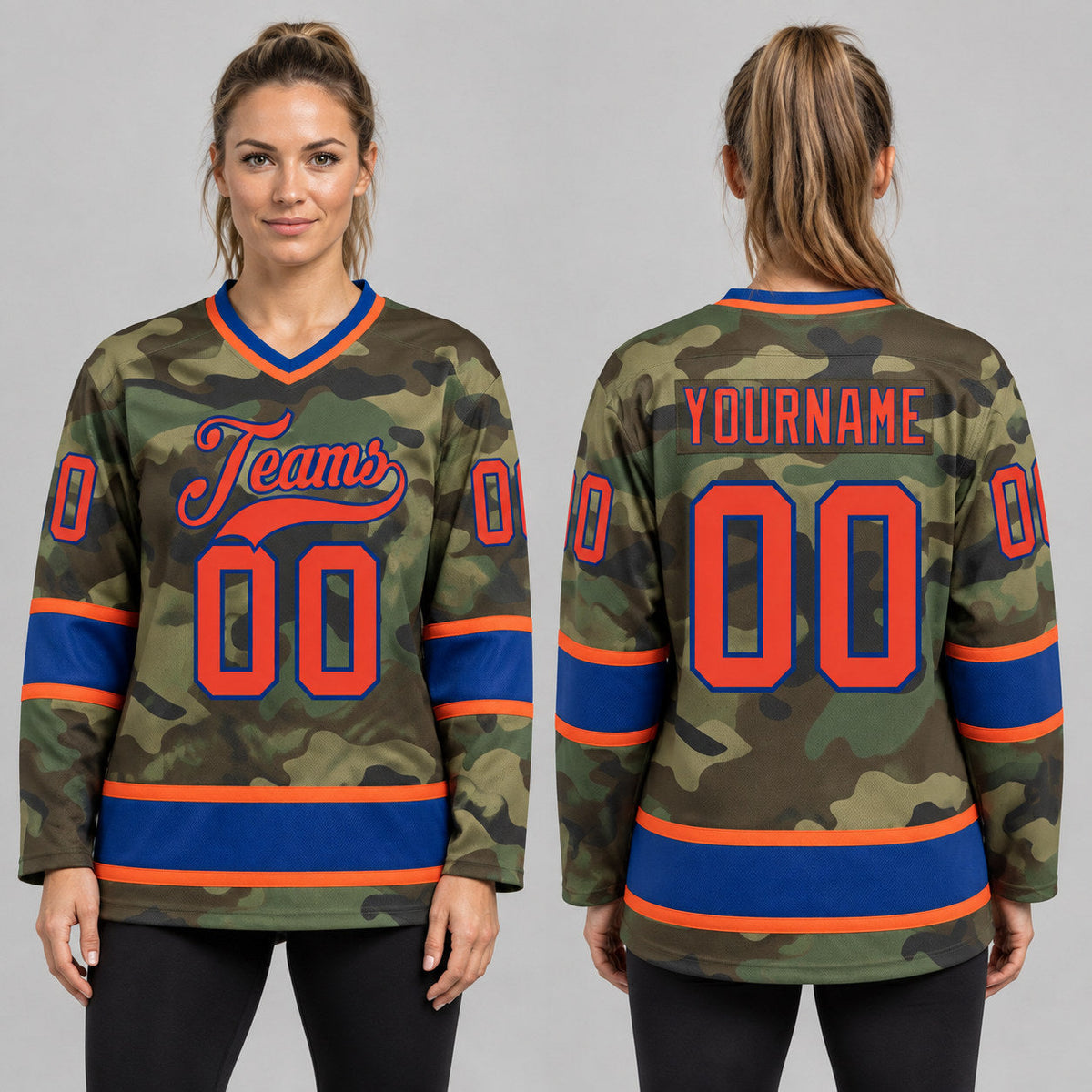 Custom Orange and Royal Camo Salute To Service Hockey Jersey worn by female model