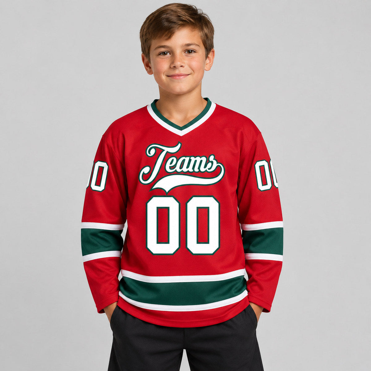 Custom Red Hockey Jersey with White and Green Lettering Design 0331 youth size worn by child model